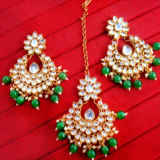 EM13B Daphne Bollywood Kundan Party Wear Pearls Hanging Maang Tikka Earrings Set  