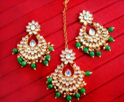 EM13B Daphne Bollywood Kundan Party Wear Pearls Hanging Maang Tikka Earrings Set  