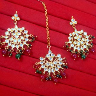 EM47 Daphne Handmade Bollywood Kundan Party Wear Beads Hanging Maang Tikka Earrings Jewelry