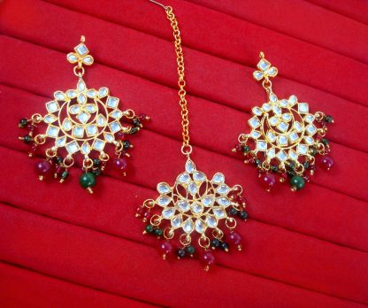 EM47 Daphne Handmade Bollywood Kundan Party Wear Beads Hanging Maang Tikka Earrings Jewelry