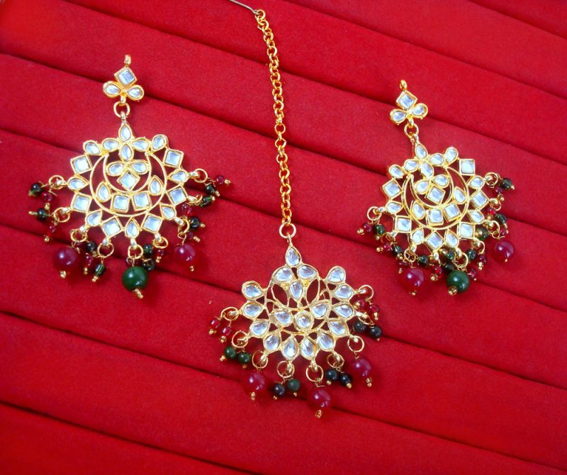 EM47 Daphne Handmade Bollywood Kundan Party Wear Beads Hanging Maang Tikka Earrings Jewelry