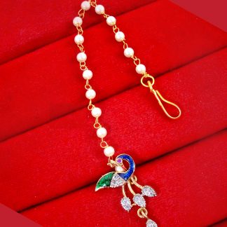 MAG94 Daphne Zircon Latest Peacock Design Maang Tikka with pearl Chain for Women
