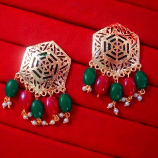 BA35 Daphne Golden Hexagon Traditional Meeanakari Handmade Earrings with Onyx