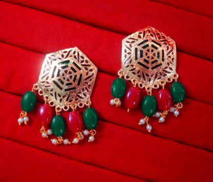 BA35 Daphne Golden Hexagon Traditional Meeanakari Handmade Earrings with Onyx