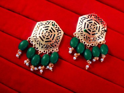 BA36 Daphne Golden Hexagon Traditional Meeanakari Handmade Earrings with Onyx