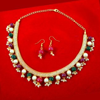 NA31GE Daphne Stylish Zircon Studded Red and Green Necklace Earring Set for Women 