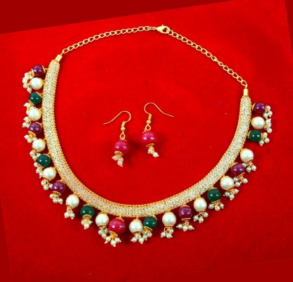 NA31GE Daphne Stylish Zircon Studded Red and Green Necklace Earring Set for Women 