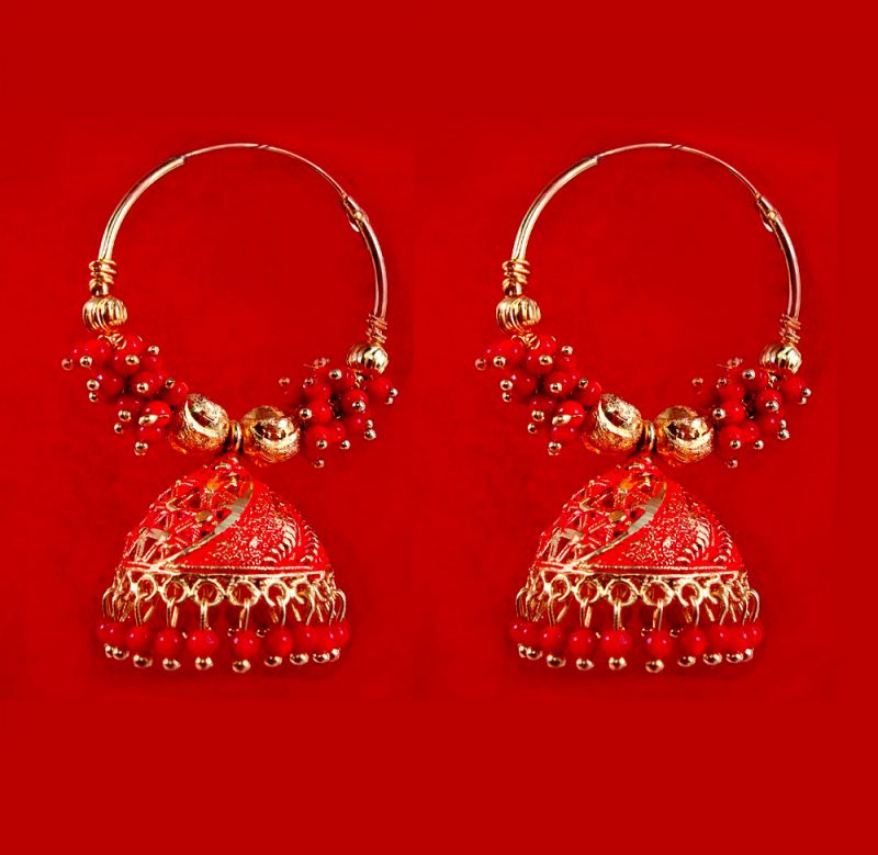 BA52R Daphne Trending Red Golden Colorful Jhumka Bali Party Wedding Wear