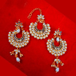 EM48 Daphne Navy Blue Meena Kundan Maang Tikka Earrings with pearls for women