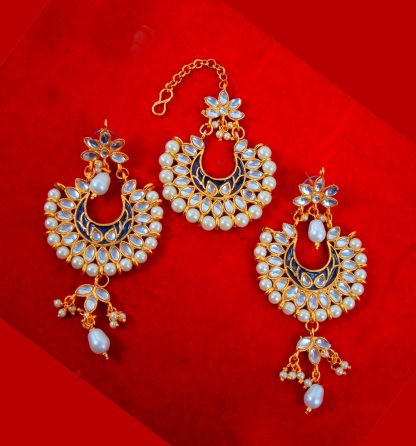 EM48 Daphne Navy Blue Meena Kundan Maang Tikka Earrings with pearls for women