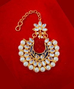 EM48 Daphne Navy Blue Meena Kundan Maang Tikka pearls for women