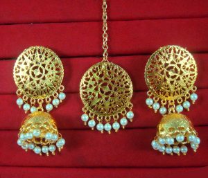 EM48 Daphne patiala Golden Traditional Round Maang Tikka With Earring Set For Woman