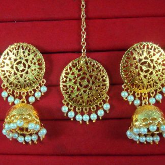 EM48 Daphne patiala Golden Traditional Round Maang Tikka With Earring Set For Woman