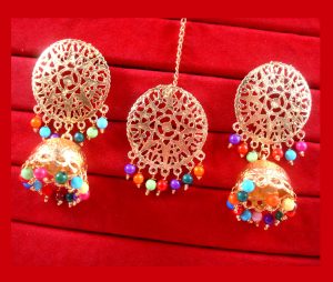 NA66 Daphne patiala Golden Traditional Round Multicolor Earring Maang Tikka Set For Woman