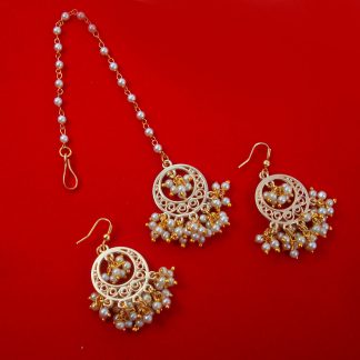 EM51 Daphne Round Shape Golden Pearl Earring and Maang Tikka Especially For Weddings
