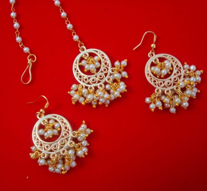 EM51 Daphne Round Shape Golden Pearl Earring and Maang Tikka Especially For Weddings.