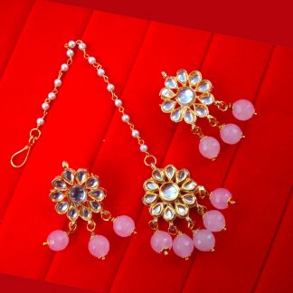 KC30 Latest Kundan Baby Pink Onyx Earrings Maang Tikka For Bridal Dresses