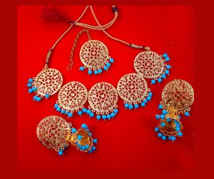 NA70 Daphne Patiala Golden Traditional Round Firozi Necklace Earring and Maang tikka Set For Woman