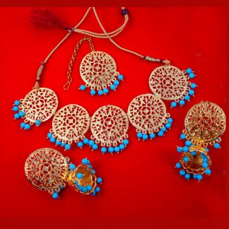 NA70 Daphne Patiala Golden Traditional Round Firozi Necklace Earring and Maang tikka Set For Woman