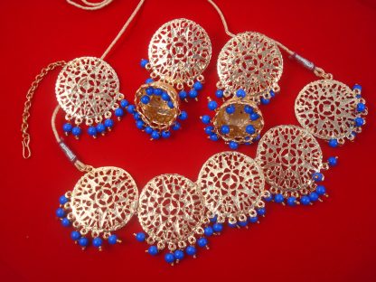  NA71 Daphne patiala Golden Traditional Round Dark Blue  Necklace Earring Set For Woman