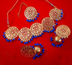  NA71 Daphne patiala Golden Traditional Round Dark Blue  Necklace Earring and maang tikka Set For Woman
