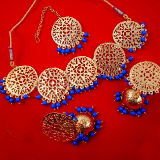  NA71 Daphne patiala Golden Traditional Round Dark Blue  Necklace Earring and maang tikka Set For Woman