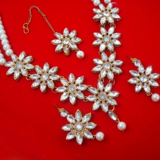 NA72 Daphne Bollywood Style Two Strand Pearl Necklace Earring With Maang Tikka For Woman