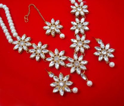 NA72 Daphne Bollywood Style Two Strand Pearl Necklace Earring With Maang Tikka For Woman