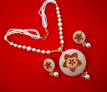 NA79 Daphne Flower Design White Beaded Necklace Earring For Woman