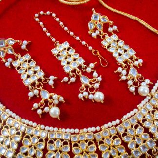 NK91B Daphne Wedding Wear Pearl Kundan Necklace Set with Maang Tikka Closer view