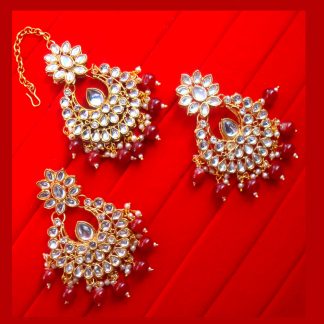 EM52 Daphne Kundan Maang-Tikka Earring Bridal Set With Maroon Bead Drops