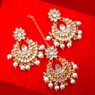 EM53 Daphne Bollywood Style Kundan Earring Maang Tikka With Pearl Drop For Woman