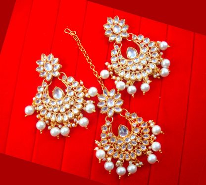 EM53 Daphne Bollywood Style Kundan Earring Maang Tikka With Pearl Drop For Woman