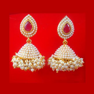 JH28 Daphne Bollywood Style Pink Stone White Pearl Cluster Jhumki For Woman