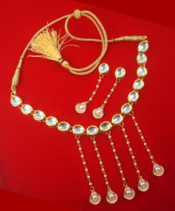 NA88 Daphne Designer Kundan Trendy Necklace With Pearl Hanging Shells