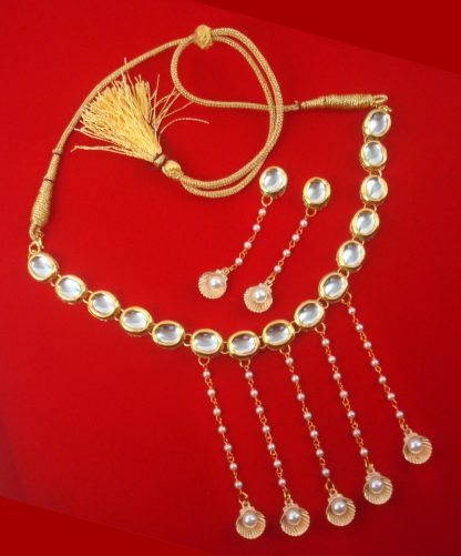 NA88 Daphne Designer Kundan Trendy Necklace With Pearl Hanging Shells