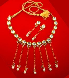 NA89 Daphne Designer Kundan Trendy Necklace With Hanging pearl Drop 