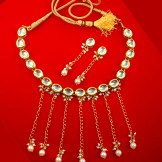 NA89 Daphne Designer Kundan Trendy Necklace With Hanging pearl Drop