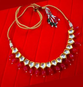 NA90 Daphne Trendy Pentagon Shape Kundan Ruby Shade Drop Necklace