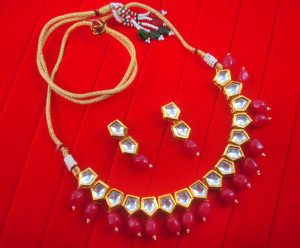 NA90 Daphne Trendy Pentagon Shape Kundan Ruby Shade Drop Necklace With Earring Set