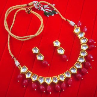 NA90 Daphne Trendy Pentagon Shape Kundan Ruby Shade Drop Necklace With Earring Set