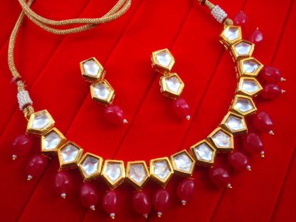 NA90 Daphne Trendy Pentagon Shape Kundan Ruby Shade Drop Necklace With Earring Set