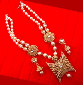  NA91 Daphne Golden  Round Kundan Heavy Look Pearl Beads Chain Pendant Necklace Jhumki Earring