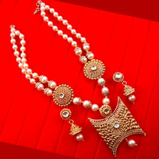  NA91 Daphne Golden  Round Kundan Heavy Look Pearl Beads Chain Pendant Necklace Jhumki Earring