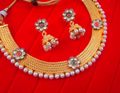 NA92 Daphne Flower Round Pearl Rajasthani Style Necklace With Earring