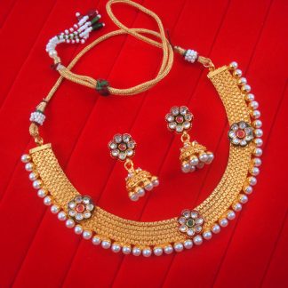 NA92 Daphne Flower Round Pearl Rajasthani Style Necklace With Earring