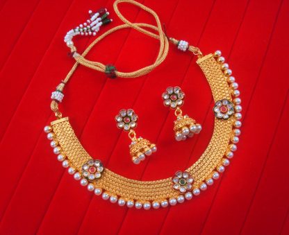 NA92 Daphne Flower Round Pearl Rajasthani Style Necklace With Earring