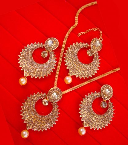CBU68 Daphne Sparkling Combo In Wine Color Pendant Earring And Maang Tikka