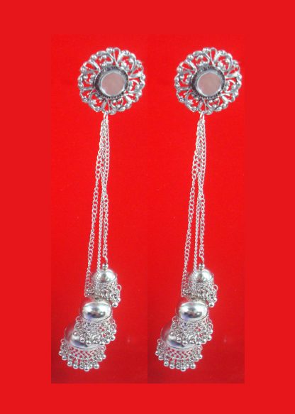 Daphne Oxidised German Silver Long 3 Layer Jhumki Dangle Earrings For Girls