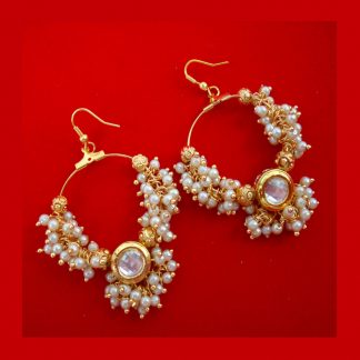 JH30 Daphne Hoop Premium Pearl Cluster Earring With Round Kundan For Wedding